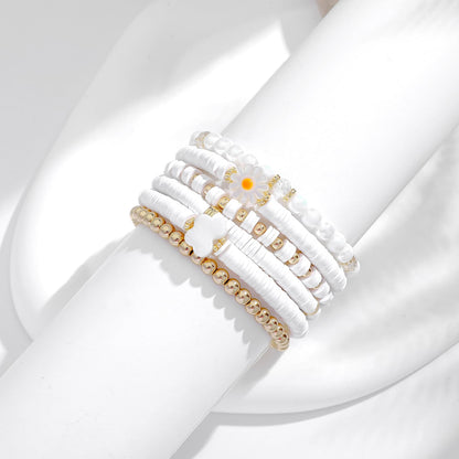 GOOJIDS White Surfer Heishi Clay Bead Bracelets for Women Bohemian Stackable Gold Beaded Stretch Bracelets Elastic Layering Friendship Bracelets Set Boho Jewelry