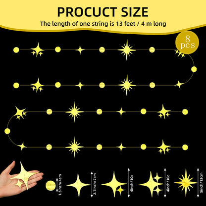 Affrolling 105 Feet Glitter Gold Four-Angle Star and Circle Dot Paper Garland Banner Decor Twinkle Hanging Bunting Banner Backdrop for Birthday Wedding Graduation Disco 2026 Party Decorations