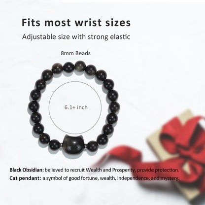 Beaded Bracelets for Women, Black Obsidian Money Attraction Bracelet, 8mm Healing Relax Anxiety Luck Crystal Bead Bracelets, Adjustable Jewelry Feng Shui Stretch Bracelet Cat Lover Gifts for Women Men