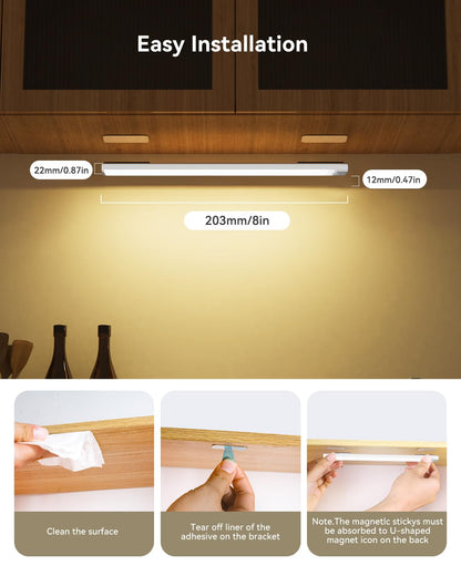 Rihvy 6-Pack 8-Inch Under Cabinet Lighting with Charging Station Rechargeable Motion Sensor Light Indoor 3 Color Dimmable Closet Light USB LED Magnetic Wireless Under Counter Lights for Kitchen Stair
