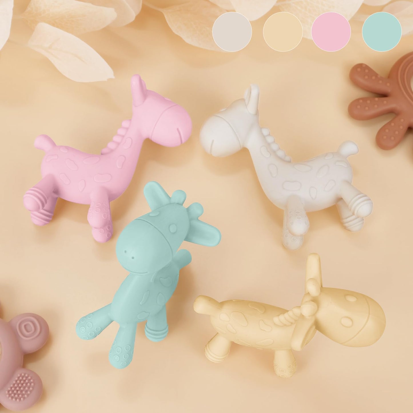 TYRY.HU Baby Teething Toys for Babies 0-6 6-12 Months,BPA Free Silicone Giraffe Teethers Toys, Soft-Textured Chew Toys, Montessori Sensory Toys for Boys Girls Teething Relief, 4 Pack
