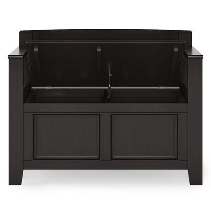 SIMPLIHOME Amherst Entryway Storage Bench - 36 inch Wide Solid Wood Hallway Bench in Hickory Brown, Transitional Bench for Entry or Mudroom with Lift-Up Lid, Storage Compartments and X-Back Detail