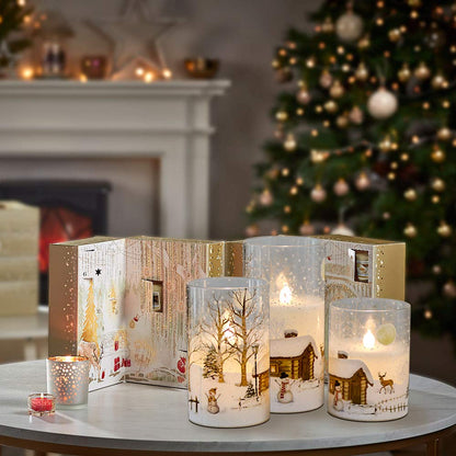 DRomance Snowman Glass Flameless Candles Battery Operated with Remote and Timer Real Wax LED Flickering Pillar Candles White Cold Light Window Christmas Holiday Decor D3 x 4",5",6"