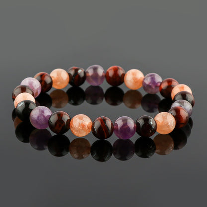 CRYSTALIS Triple Protection Bracelet | Stretchable Elastic Bracelet | Beaded Gemstone Jewelry, Birthstone, Healing, Chakra, Yoga Balancing, Reiki | [Sunstone+Amethyst+Tiger Eye]
