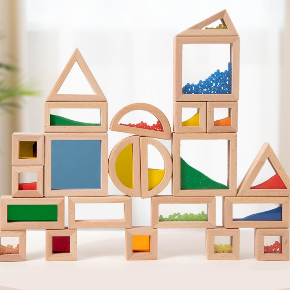 KAXCOT Rainbow Sensory Stacking Toys, Stem Education Building Block Set, 23 Wooden Beads, Fine Sand Sound Building Blocks, Toddlers, Infants, Children, Colorful Geometric Stacking Toys