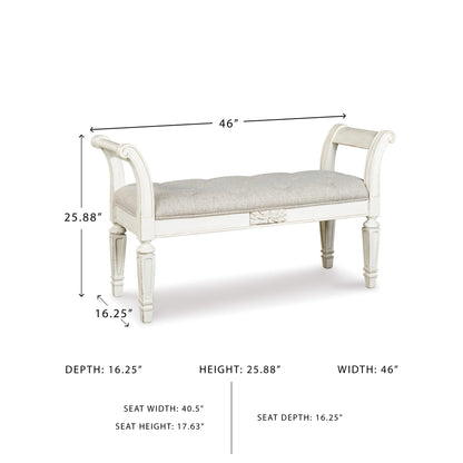 Signature Design by Ashley Realyn French Country Upholstered Tufted Accent Bench with Foam Cushion and Scrolled Arms, Wood Frame, 25.88" High, Antique White