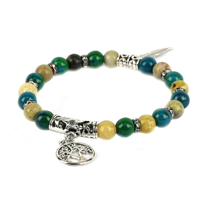 PZTIIY Handmade Tree of Life and Wings of Liberty Turquoise Jasper & Tibetan Agate Gemstone Chakra Beaded Bracelet | Boho Style Charm Bracelet Set (ZLY-Turopise)