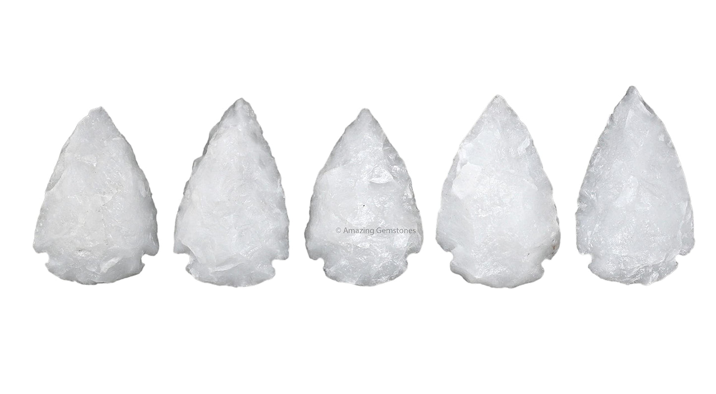 Amazing Gemstone 5 Pieces Snow Quartz Arrowhead, Crystal and Healing Stone Flint Rock Arrow Head - 1 to 1.5 Arrowheads for DIY Project Craft Point Jewelry Making