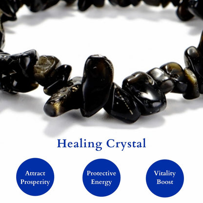 Herxion Gold Black Obsidian Bracelet Men & Women - Irregular Chips Black Natural Genuine Gemstone Raw Healing Crystal Elastic Bead Stretch Bracelet - ‌Protective Energy, Emotional Balance & Wealthy
