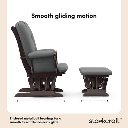 Storkcraft Tuscany Custom Glider and Ottoman with Free Lumbar Pillow (Espresso/Grey) - Cleanable Upholstered Comfort Rocking Nursery Chair with Ottoman