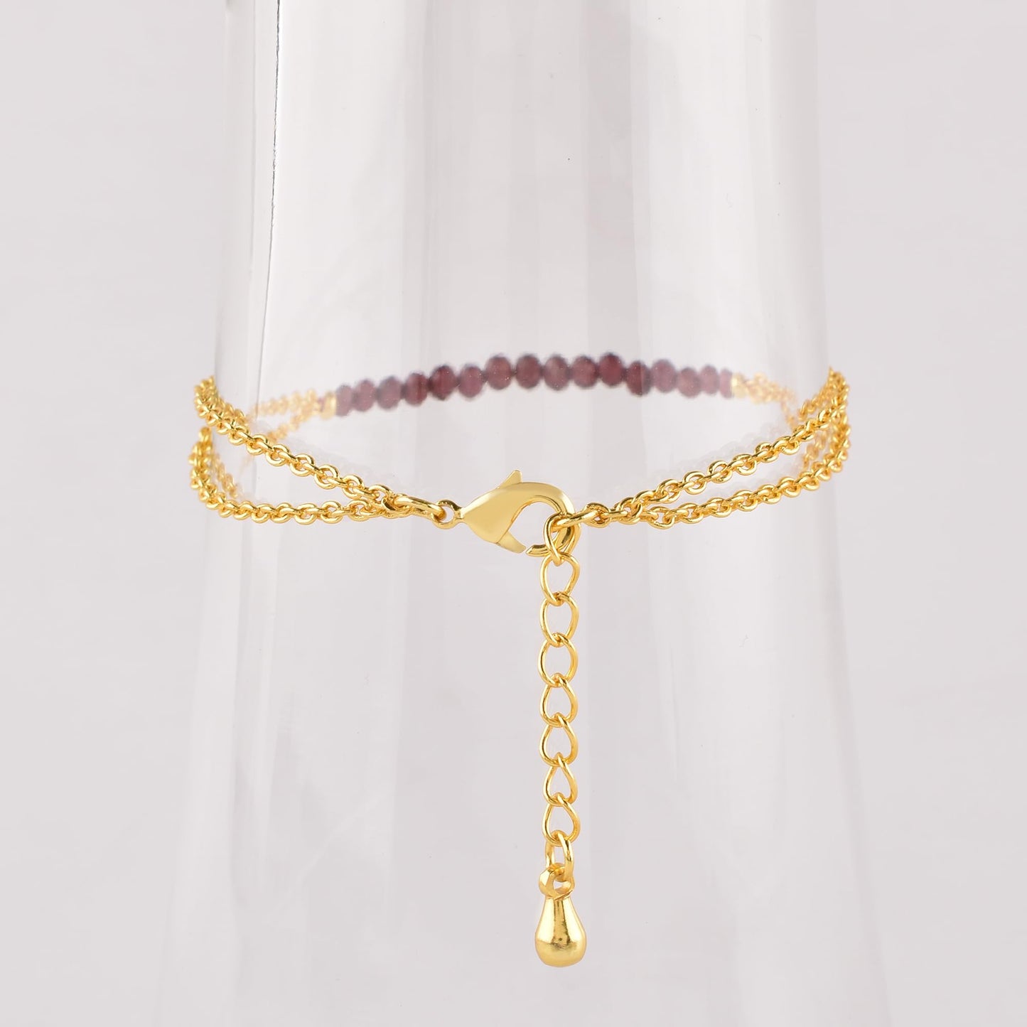 InfinityGemsArt Garnet Bracelets for Women, Natural January Birthstone, Minimalist Beaded Red Stone, Chakra Crystals Gemstones Lightweight Jewelry, 14K Gold Plated 8 Inch Adjustable Chain, Christmas Gifts For Her