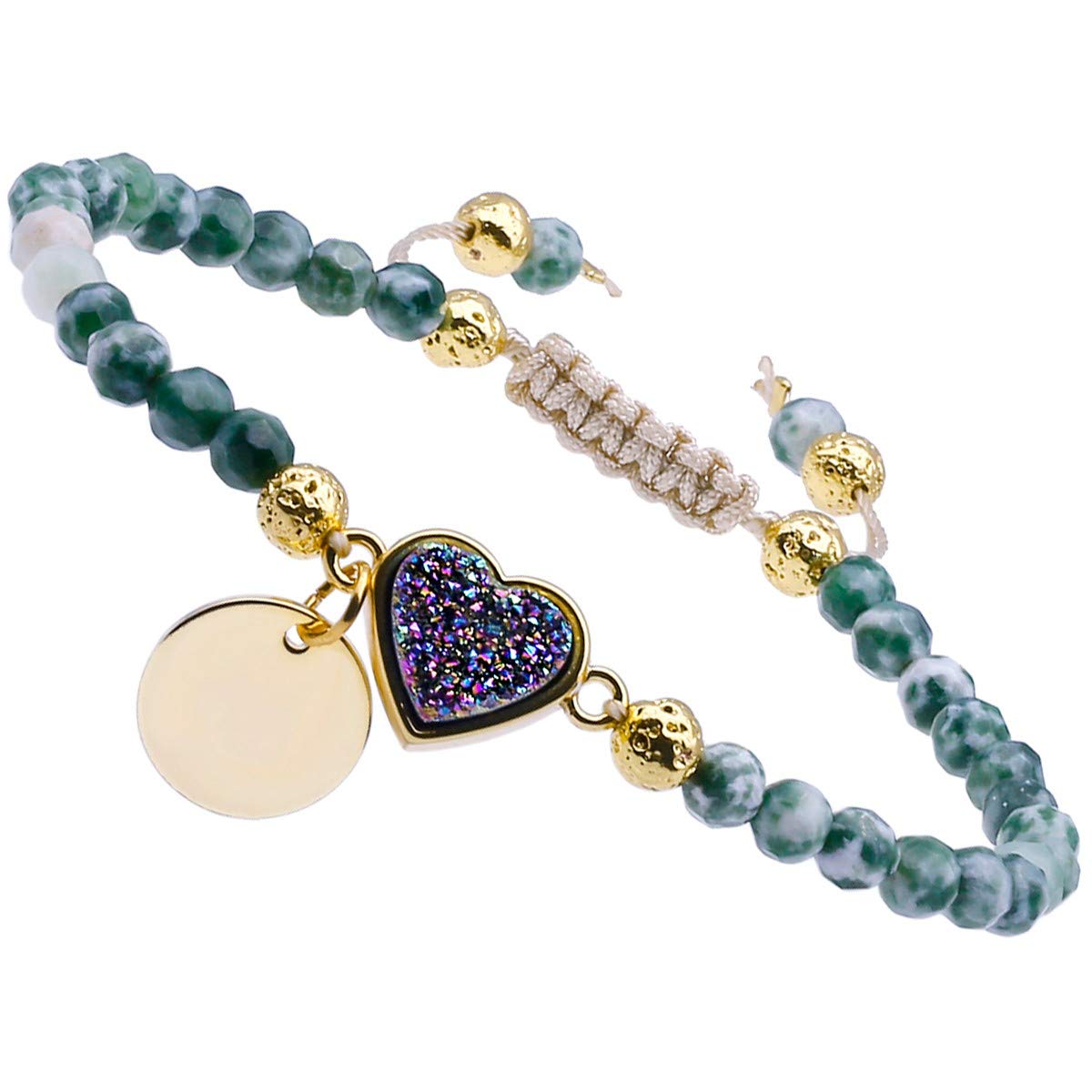 Nupuyai 4mm Faceted Stone Beads Bracelet for Women Men, Adjustable Healing Crystal Chakra Bracelet with Druzy Heart Charms, Green Dalmation Jasper