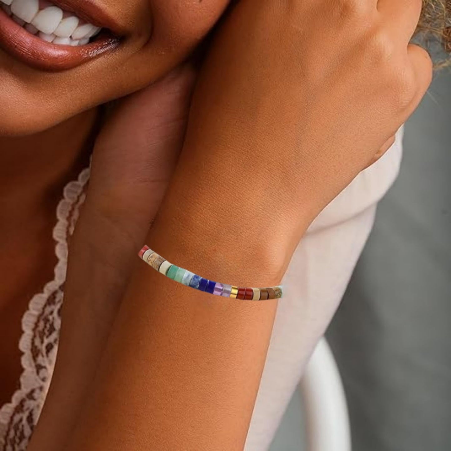 Chakra Bracelets for Women，Healing Natural Stone Bracelet 7 Chakras Healing Crystals Meditation Relax Anxiety Spiritual Jewelry for Calm Meditation Spiritual Bracelets for Women (seven color)