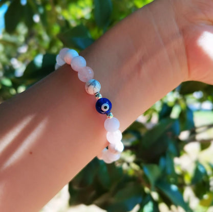 DLYFNVEV Love Friendship Harmony Peace Bracelet Rose Quartz Blue Aquamarine Howlite Eye Evil Protection Healing Crystal Beaded Anxiety Relief Triple Natural Stone Jewelry Gifts For Women