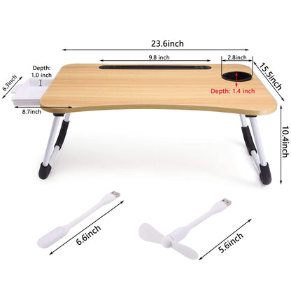 Slendor Lap Desk with Tablet Slot, Foldable Laptop Table with Storage Drawer for Bed，Portable Bed Desk for Laptop, Computer Tray with Cup Holder Notebook Stand Reading Holder for Couch Floor, Walnut