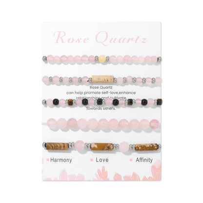 Lit Wall 5Pcs Rose Quartz Bracelet Set: 4mm Stackable Pink Crystal Beaded Bracelets for Women
