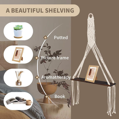 Trenqular 2 Pack Macrame Wall Hanging Shelf,Boho Wooden Display Floating Shelves with Handmade Woven Rope,Rustic Wood Floating Storage Shelf,for Living Room Hanging Plants Photos
