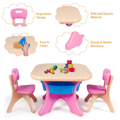 KOTEK Kids Table and Chair Set with Storage Bin, 3 Piece Activity Table Set with 2 Chairs for Toddler, Children Art Crafts Study Desk for Reading, Drawing, Painting (Pink)