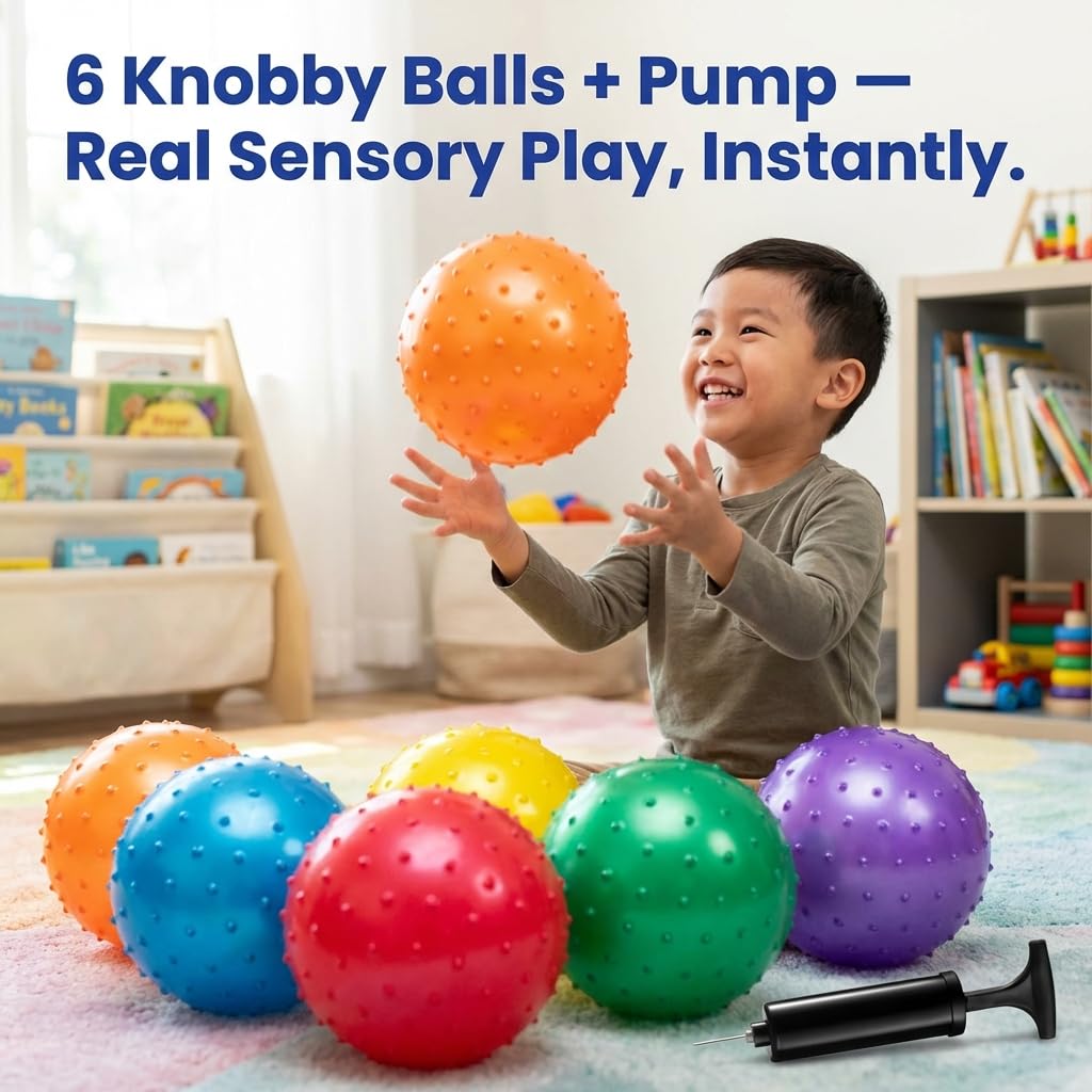 Bedwina Knobby Balls - (Pack of 6) Bulk 7 Inch Sensory and Spiky Massage Stress Balls for Toddlers, with Pump, Fun & Bouncy for Toddler, Kids Party Favors, Stocking Stuffers
