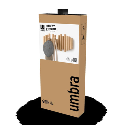 Umbra Picket Coat Rack Wall Mount – 5 Flip-Down Wood Coat Hooks, Modern & Functional Storage, Easy Install Wall Hooks, Natural