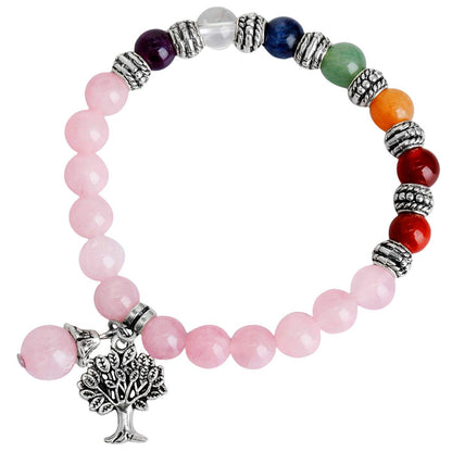 TUMBEELLUWA Beaded Bracelets Semi Precious Stone Yoga Beads Crystals Tree Charm Chakra Bracelet Handmade Jewelry for Women,Rose Quartz(7 Chakra)