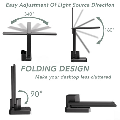 LED Desk Lamp with 3 USB Charging Ports 1 AC Outlet Small Table Lamp for Home Office/Bedroom/Study/College/Dorm Room Essentials, Foldable Reading Light w/Pen Holders for Craft/Artist/Puzzle/Nail/Task