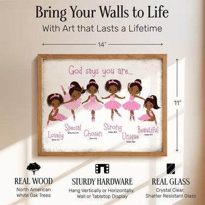 Black Afro African American Girl 11x14 FRAMED - God Says Christian Bible Verses Wall Art, Religious Room Decor, Toddler Little Girls Bedroom Decor, Pink Ballerina Baby Room Decorations, Daughter Gifts