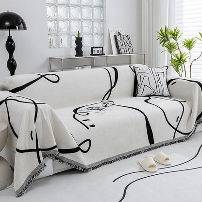 ERICSF Black and White Double-Sided can Cover Chenille Sofa Towel Full Covers Cloth Four Seasons Universal Models Straight Row a Piece of Non-Slip Sets Cover (71 * 118 inch)