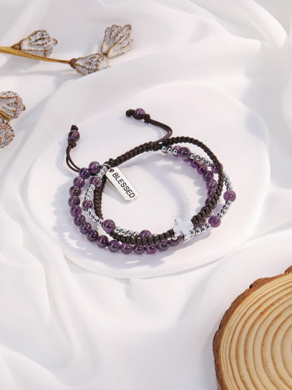 Top Plaza Healing Amethyst Crystal Bracelets for Women Men Cross Bracelet 3 in 1 Handmade Natural Gemstone Beads Bracelet Blessed Bracelets Braided Protection Jewelry Gifts