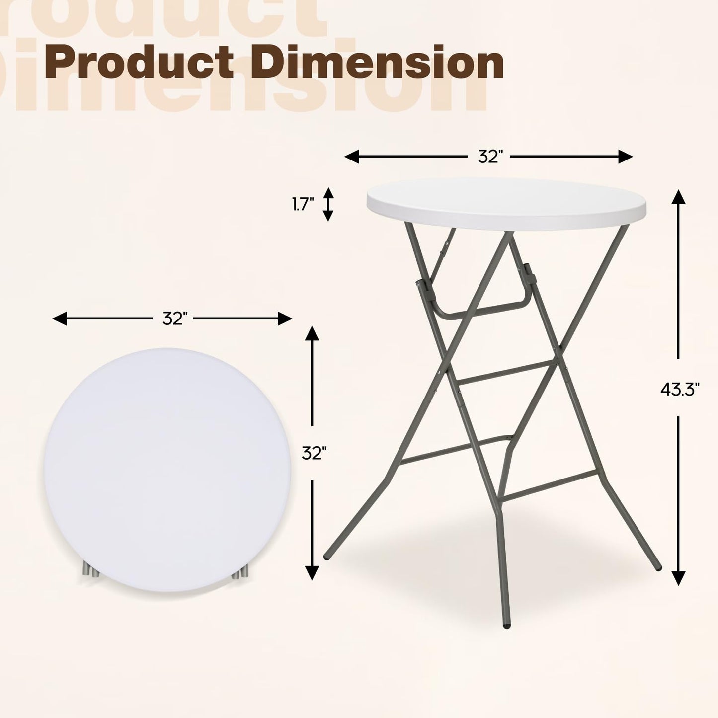 GlowitLian 32" Round Folding Table, Portable Bar Height Folding Table with Detachable Legs, Round Foldable Table with HDPE Top for Standing Parties, Balcony, Event, Indoor Outdoor Use (White, 1 Pack)