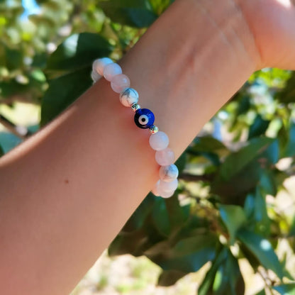 DLYFNVEV Love Friendship Harmony Peace Bracelet Rose Quartz Blue Aquamarine Howlite Eye Evil Protection Healing Crystal Beaded Anxiety Relief Triple Natural Stone Jewelry Gifts For Women