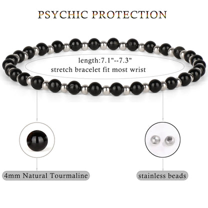 QOGIR Black Tourmaline - Psychic Protection - Stainless Silver Beads Natural Gemstone Stretch Elastic Dainty Healing Beaded Bracelets Gifts 4mm