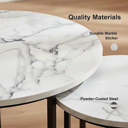 Round Nesting Coffee Table Set of 2, Modern Marble Pattern Wooden Nesting Tables, Stacking Minimalist End Table for Living Room Bedroom Small Space, White and Black