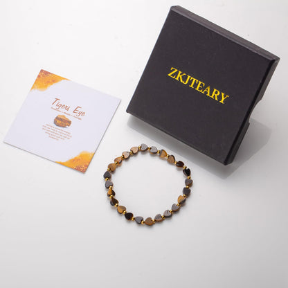 ZKJTEARY Heart Tiger Eye bracelet for Women Men 18k gold plated Beads Brown Natural Stone Healing Real Crystal Stretch bracelet Gemstone bracelets Tiger eye Jewelry for Women Men Mom Girlfriend
