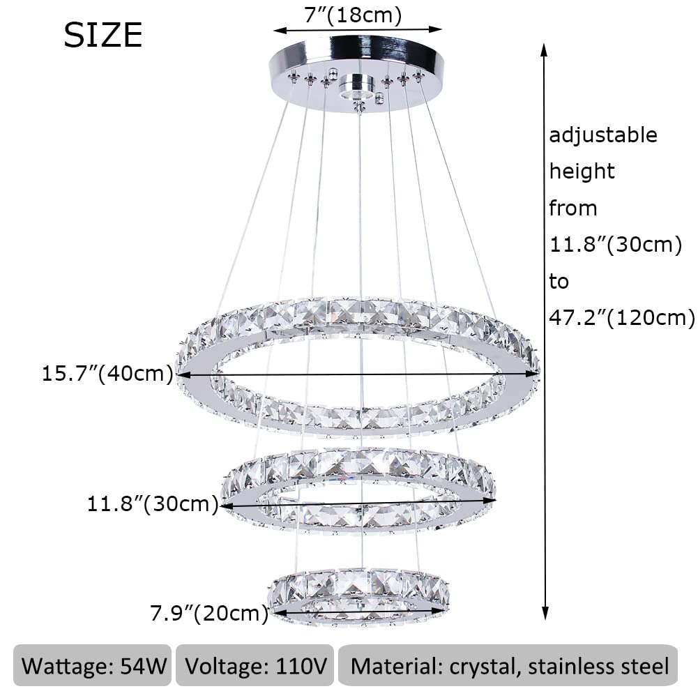 xychfantligh Modern 3 Ring Round Crystal Chandelier Adjustable Stainless Steel Pendant Lighting LED Crystal Ceiling Light Fixture for Living Room Dining Room Bedroom Cool White
