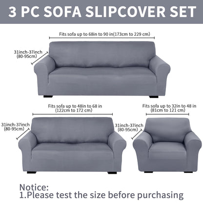 Peryiter 3 Pcs Slipcover Set for Couch Furniture Covers for Sofa Loveseat Couch Arm Chair, Form Fit Stretch, Wrinkle Free, Furniture Protector(Light Gray,Milk Silk Spandex)