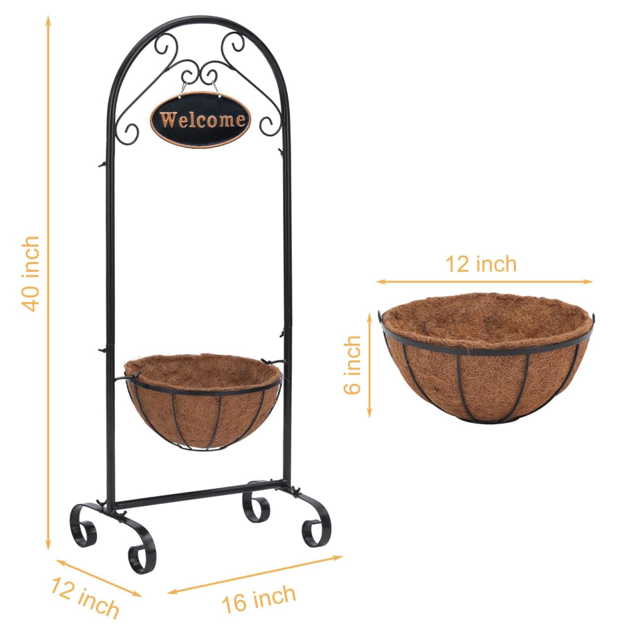 SUNNYPARK Black Metal Welcome Sign Hanging Basket Stand - 40 Inch Decorative Planter Holder for Outdoor/Indoor Plants, Flowers, Herbs - Rustic Garden Decor
