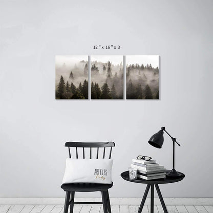 Foggy Forest Picture Wall Art: Landscape Painting Misty Pine Trees Artwork Print on Canvas for Kids Rooms(16"x12"x3pcs)