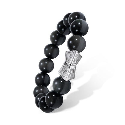 AWNL® Men's Beaded Bracelet with Sterling Silver Engraved Runes Charm 12mm Obsidian Natural Gemstone Gift for Men, 6.5''-7.1''