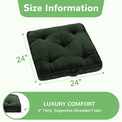 PRIMEPATIO Floor Pillow, 24x24 Tufted Floor Cushion for Adults, Square Large Meditation Cushion Pillow, Green Corduroy Sitting with Handle, Yoga Seating for Tatami, 1Pack