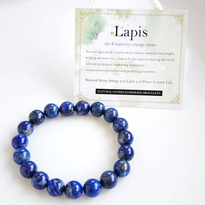 Handmade Natural Gemstone Elastic Bracelet - Healing Crystal Beads Jewelry, Unisex (Lapis Lazuli, 10mm)