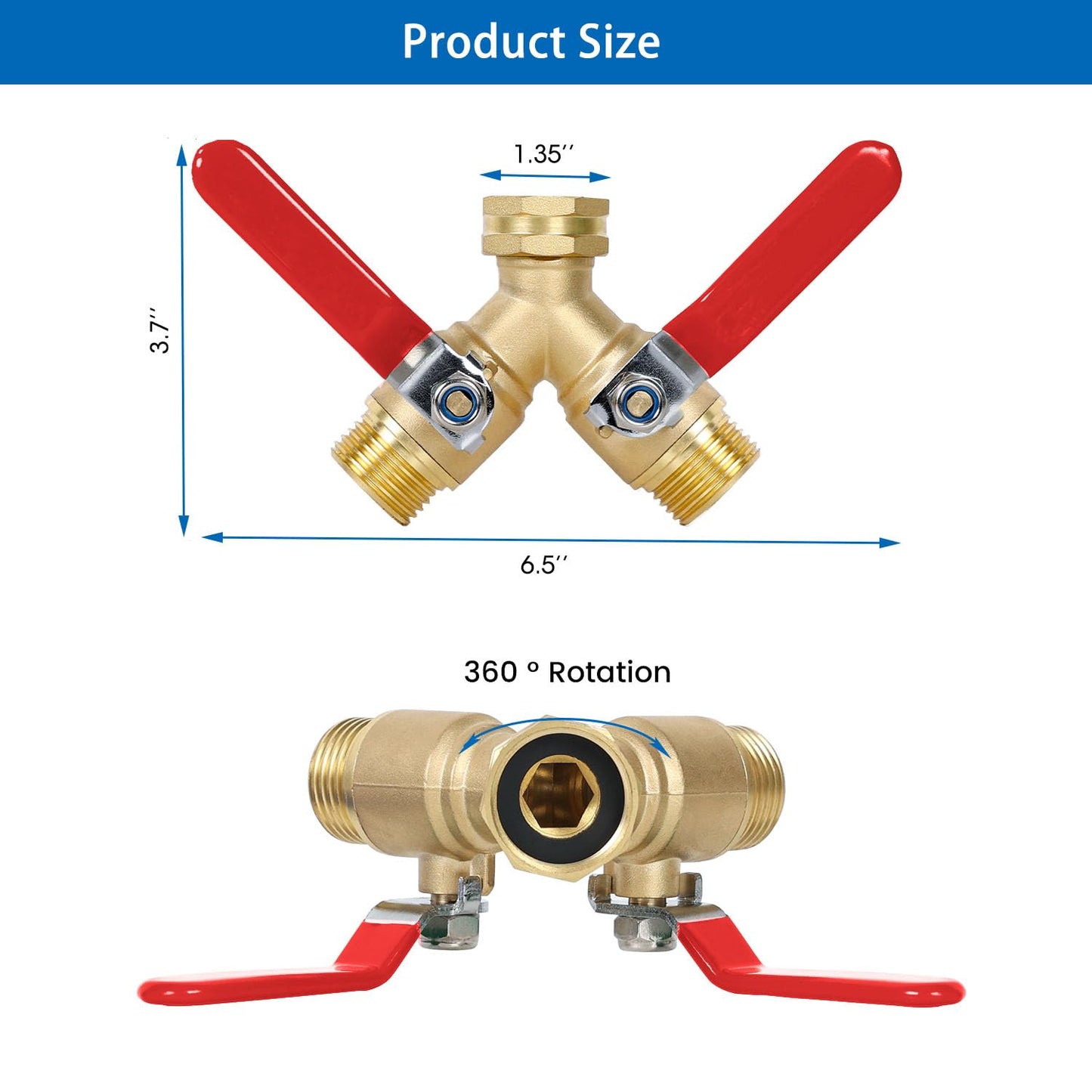 MOLIK Garden Hose Splitter 2-Ways with Long Stainless Steel Handle, Full Flow Hose Splitter Connector Heavy Duty Brass, 3/4" GHT Thread Y Valve, Water Garden Hose Tap Adapter