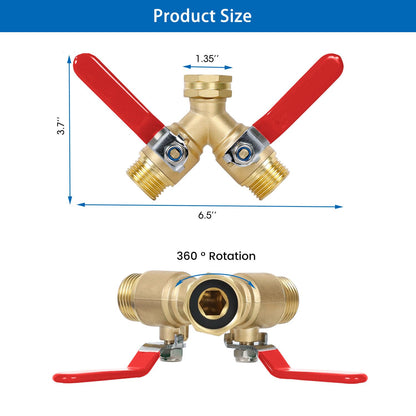 MOLIK Garden Hose Splitter 2-Ways with Long Stainless Steel Handle, Full Flow Hose Splitter Connector Heavy Duty Brass, 3/4" GHT Thread Y Valve, Water Garden Hose Tap Adapter
