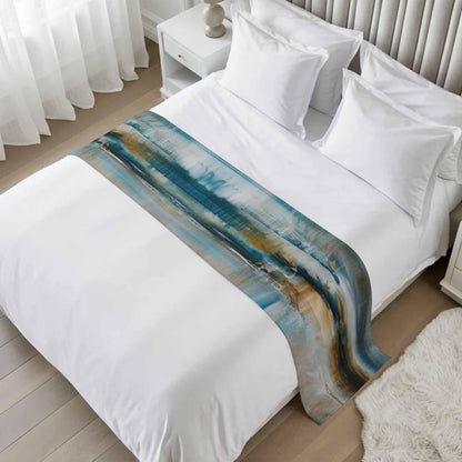 ZFUNCING Abstract Mottled Turquoise Green Gray Art Bed Runners for Bedroom Hotel,Decorative Bedding Scarf Retro Painting Bed End Blanket Bedding Runner Scarves for Queen Size Bed,94x20in