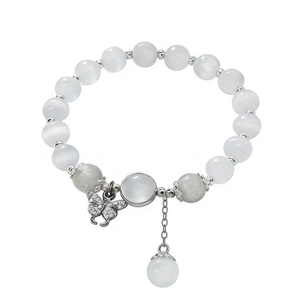 Buddha Stones Butterfly Bracelets for Women, 8mm Cats Eye Stone Bracelet with Gray Moonstone Labradorite Butterfly Charm Healing Crystal Beaded Bracelet Meditation Spiritual Jewelry Mothers Day Gifts