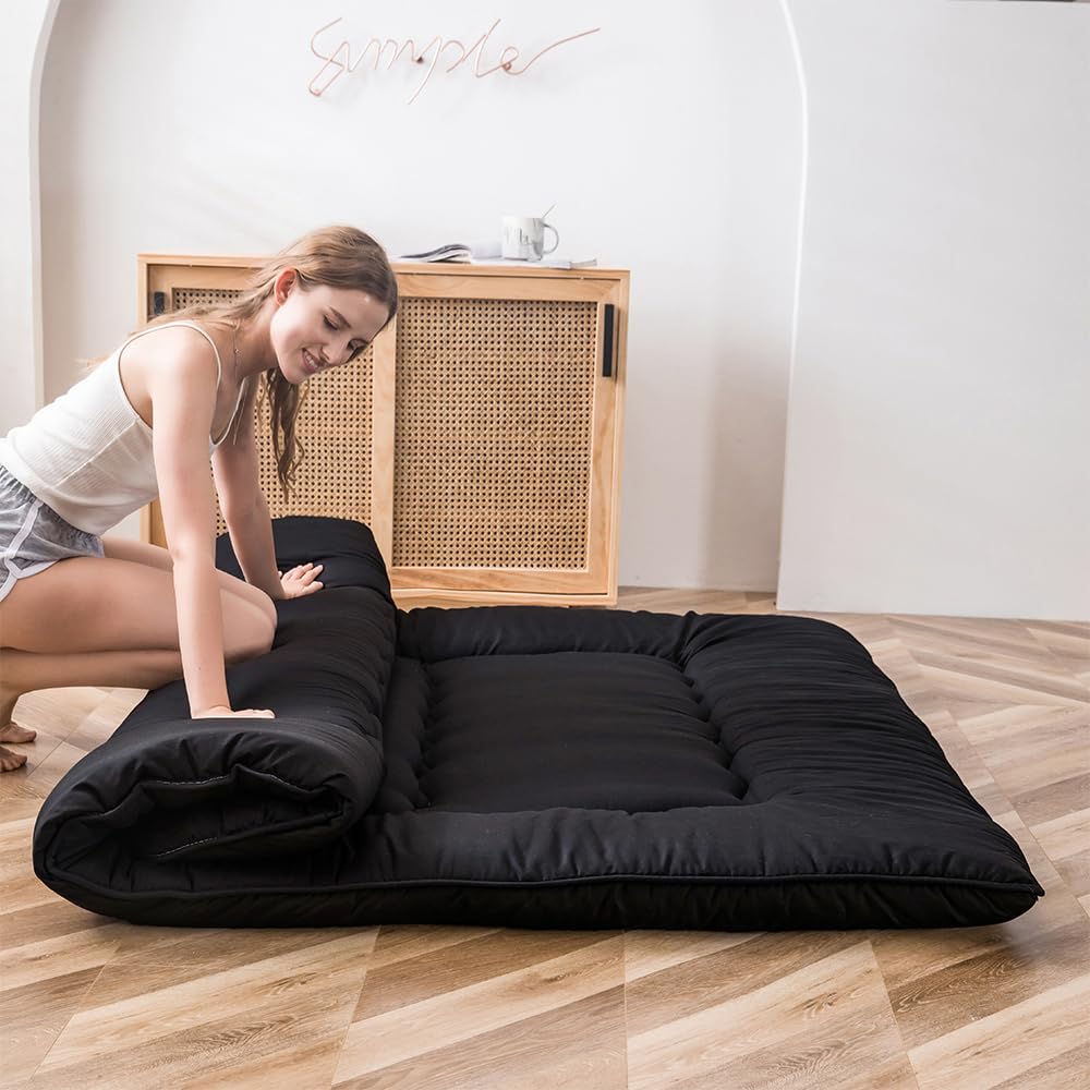 MAXYOYO Japanese Floor Mattress Futon Mattress, 4" Thicken Tatami Mat Sleeping Pad Foldable Roll Up Mat Boys Girls Dormitory Pad Kids Floor Lounger, Black, Full