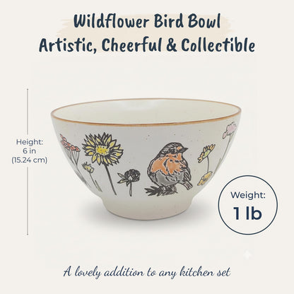 Blue Sky Clayworks Wildflower Bird Ceramic Bowl, 6" Diameter, Hand Painted Songbird and Floral Design