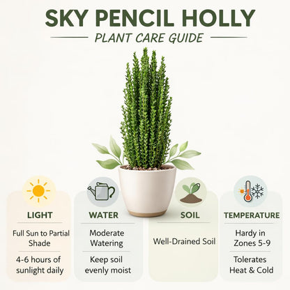 2 Sky Pencil Holly Live Plants, 2.5-Inch Pot, 6–12 Inch Tall Japanese Holly Shrubs, Easy Care Evergreen Trees for Outdoor Landscaping