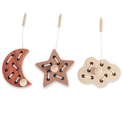 FlameFlash 3 Pack Wooden Lacing Threading Toys for Toddlers 1-3 Solid Wood Threading Activity Puzzles, Moon/Stars/Cloud Quiet Toddler Toys for Airplane Travel Fine Motor Skills Sensory Toys