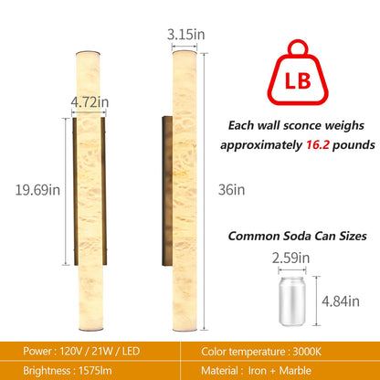LMQNINE Natural Alabaster Wall Sconces Set of Two Spanish Marble Wall Light Cylinder Modern Black LED Sconce for Living Room Bedroom Bathroo Stairs（L-2Pack）